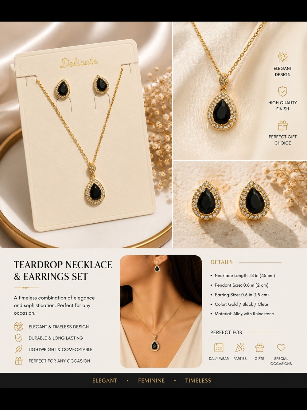 delicates Gold Teardrop Necklace and Earring Set - Black and Gold